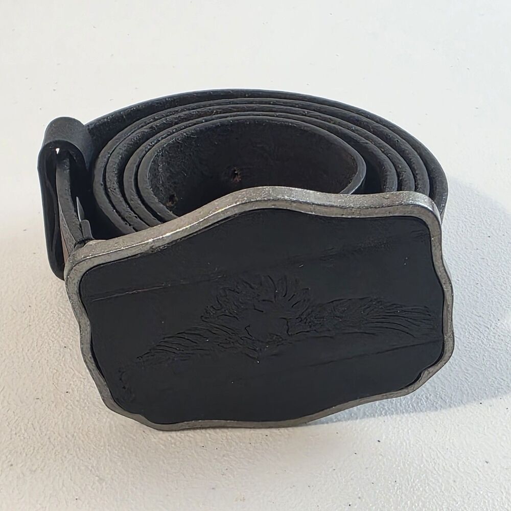 Route 66 Men's Leather Belt 42” Eagle Buckle Black & Tan EUC Roadtrip India